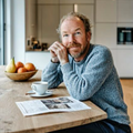 Man leest krant in keuken en deelt ervaring over tandpasta-vervanging na lezen van gids.