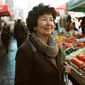 Glimlachende oudere vrouw op een markt met verse groenten, na het achterlaten van een review voor het e-book 