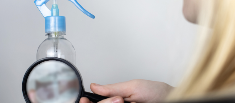 Vrouw controleert sprayfles met vergrootglas op ingrediënten