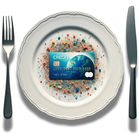 Bord met creditcard en microplastics om wekelijkse inname van microplastics te illustreren.