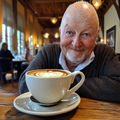 Portretfoto van Piet Damen met een warme glimlach, zittend in een café met een kopje koffie.