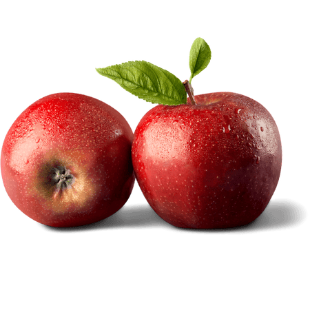 Twee rode appels met dauwdruppels en een groen blad, symbool van gezondheid, op een witte achtergrond.