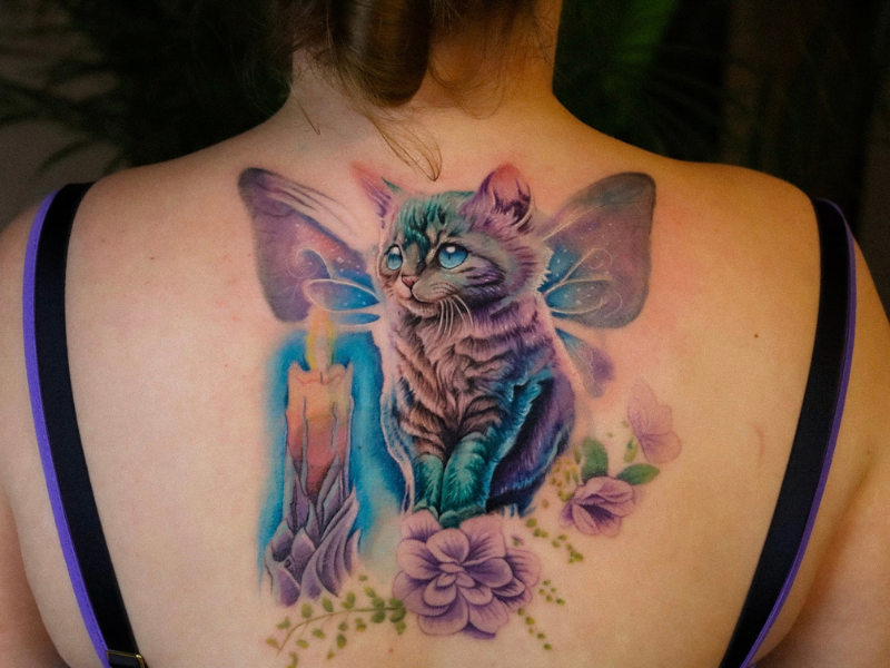 Realisme tattoo Genk fairy cat kleur