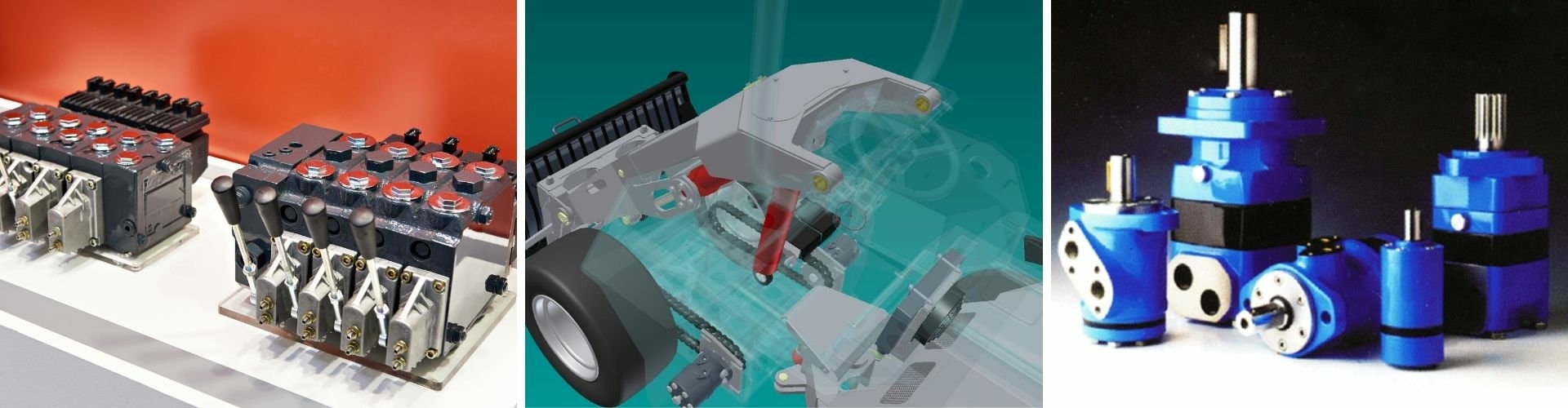 Collage van hydraulische componenten: ventielenblok, 3D-render van VANO minilader met hydrauliek in beeld en close-up van rijmotoren.