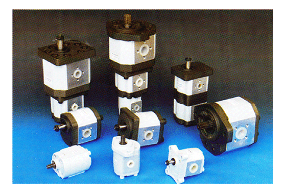 Overzicht van diverse tandwielpompen in verschillende formaten, geschikt voor uiteenlopende hydraulische toepassingen via van Oirschot Product Bemiddeling.