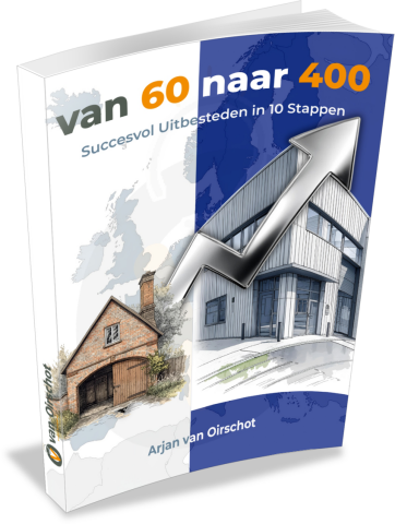 E-book cover toont transformatie van kleine garage naar moderne fabriek met groei pijl, titel 