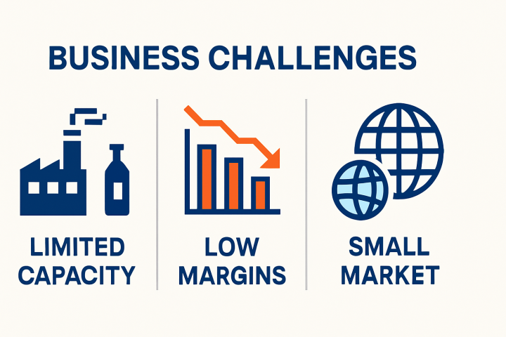 Drie groei-blokkades voor OEM'ers: beperkte capaciteit, lage marges en kleine afzetmarkt - van Oirschot Product Bemiddeling Business challenges infographic toont drie groei-blokkades: Limited Capacity (beperkte productiecapaciteit), Low Margins (lage marges), Small Market (kleine afzetmarkt)