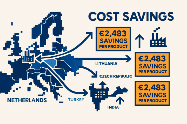 Europa kaart toont kostenbesparing uitbesteding metaalproductie van Nederland naar Litouwen, Tsjechië, Turkije en India met €2.483 besparing per product Kostenbesparing €2.483 per product door uitbesteding van Nederland naar Oost-Europa en Azië - van Oirschot Product Bemiddeling