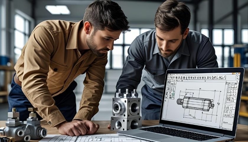 Twee personen bespreken een hydrauliekproductieproject aan de hand van technische tekeningen, hydrauliekonderdelen en een CAD-weergave op een laptop.