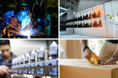 Collage van de volledige dienstverlening van van Oirschot Product Bemiddeling: metaalbewerking, poedercoaten, assembleren en verpakken bij betrouwbare partnerfabrikanten.