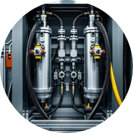“Industrial hydraulic system with cylinders, valves, and hoses on a production line — representing scalable OEM outsourcing solutions”