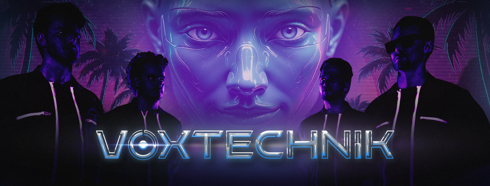 VoxTechnik live 80s synthpop band performing with four musicians and futuristic visuals on stage