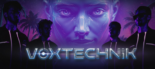 VoxTechnik live 80s synthpop band performing with four musicians and futuristic visuals on stage