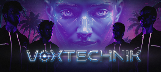 VoxTechnik live 80s synthpop band performing with four musicians and futuristic visuals on stage