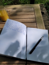 Dagboek van Anja, met vulpen en fruitsap op een houten tafel in het bos