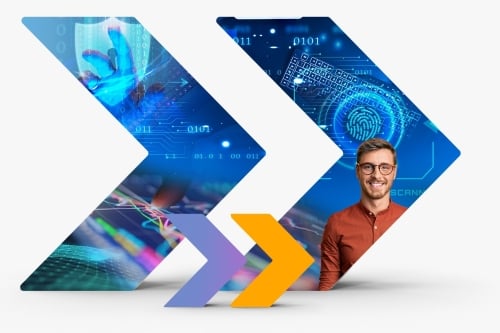 Vormgegeven pijlen met digitale beelden van data, AI en cybersecurity, gecombineerd met een glimlachende man in een rood shirt – visuele representatie van technologie en menselijke expertise binnen X-celerate IT.