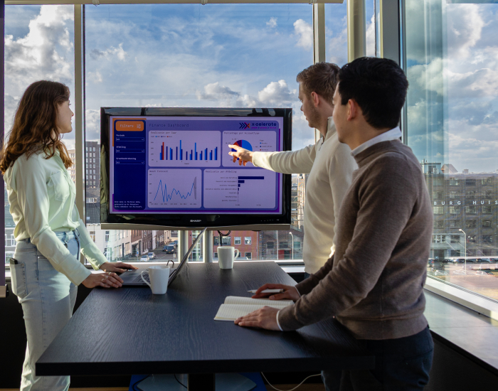 3 Business consultants overleggen de rapportages die zijn gemaakt met Power BI