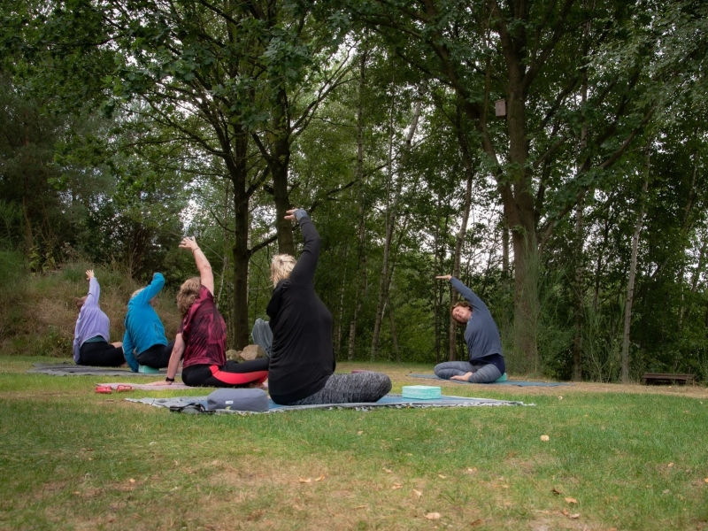 Yoga in de natuur met lateroflexie wervelkolom in zit