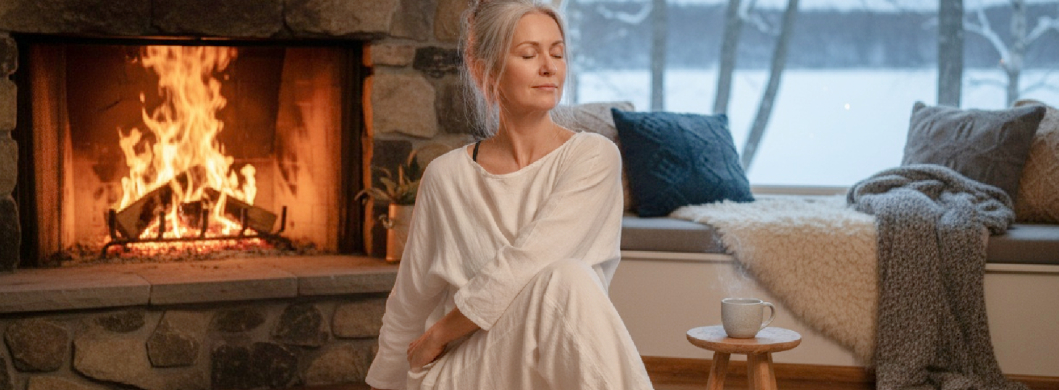 vrouw bij de haard vrouw doet yoga bij de haard thuis