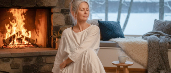 vrouw doet yoga bij de haard thuis