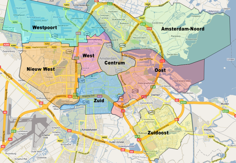 Map of Amsterdam on which the seven city districts are highlighted