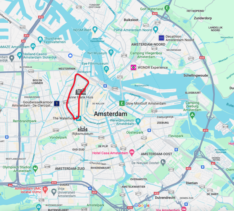 Map of Amsterdam on which he Jordaan area is highlighted