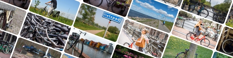 Multiple pictures with Dutch bikes and cycling paths