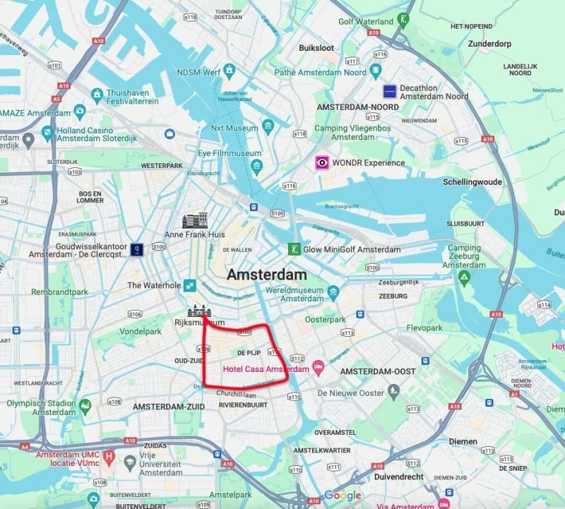 Amsterdam map, highlighted de Pijp area