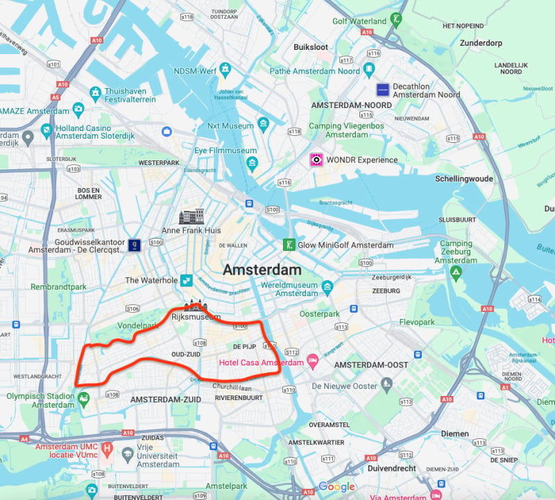 map of Amsterdam where the Old South part is highligthed