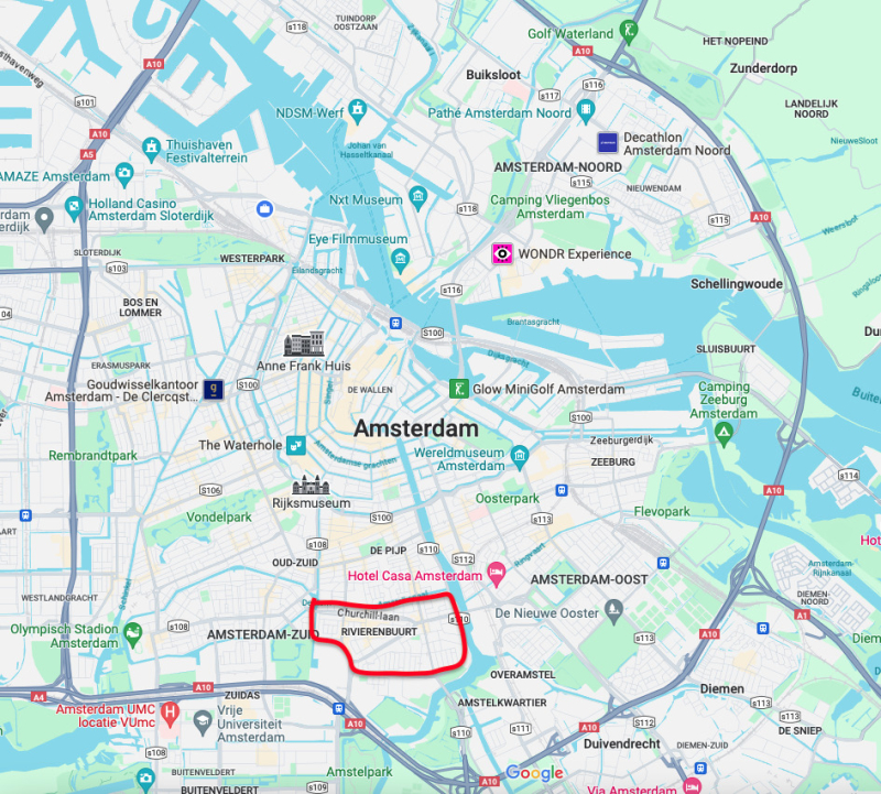 Map of Amsterdam where the river area is highligthed