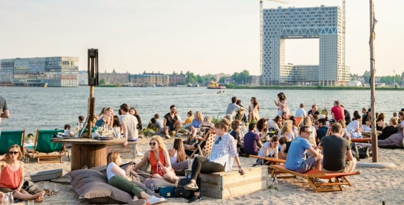 Beach terrace at Pllek in Amsterdam North, along the IJ-river