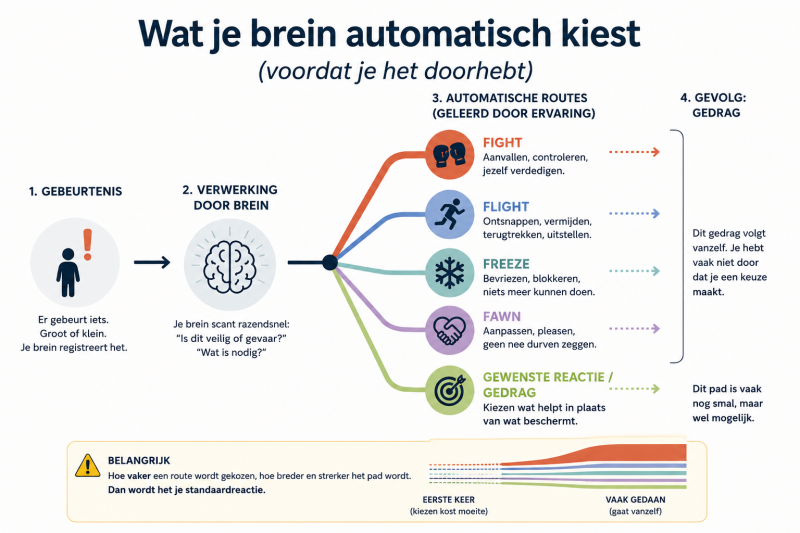 Fight Flight Freeze Fawn – hoe het brein automatisch reageert op stress Visual van hoe het brein na een gebeurtenis automatisch kan reageren met fight, flight, freeze of fawn.