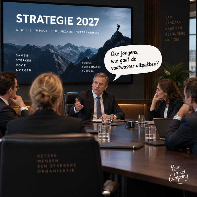 Ondertussen, in het MT… MT-vergadering in een boardroom met op het scherm ‘Strategie 2027’, terwijl de CEO vraagt: ‘Oké jongens, wie gaat de vaatwasser uitpakken?’