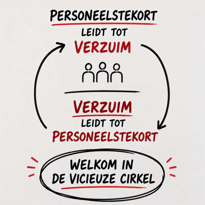 Personeelstekort en verzuim: de vicieuze cirkel in organisaties Personeelstekort leidt tot verzuim en verzuim leidt tot personeelstekort. Visual van de vicieuze cirkel tussen verzuim, werkdruk en duurzame inzetbaarheid.