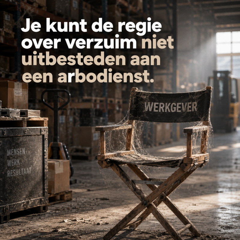 Verzuimregie kun je niet uitbesteden aan een arbodienst Stoffige oude regisseursstoel in een verlaten magazijn als metafoor voor een werkgever die de regie over verzuim heeft uitbesteed aan de arbodienst.