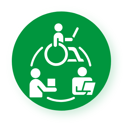 icoon met een poppetje in een rolstoel, een poppetje die en document vasthoud en een poppetje achter een beeldscherm