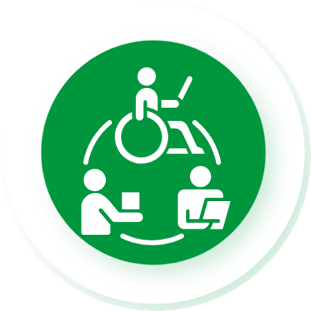 icoon voor Digitale toegankelijkheid met afgebeeld een poppetje in een rolstoel, een poppetje die en document vasthoud en een poppetje achter een beeldscherm