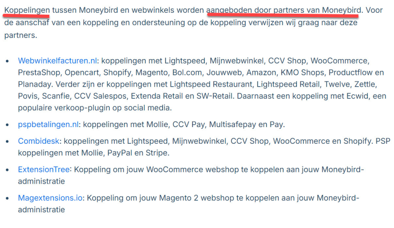 Webshop koppelingen en partners MoneyBird