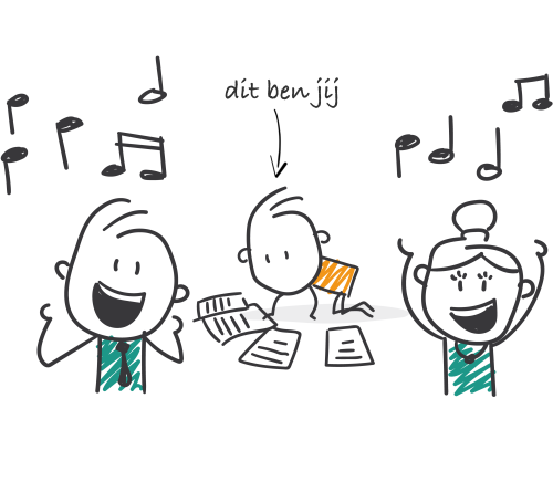 Twee zingende leden en jij op de grond met alle bladmuziek