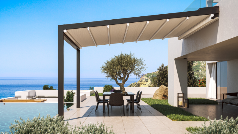 Schuine pergola terrasoverkapping van ZSM Zonwering met een modern en strak design, ideaal voor particulieren die zoeken naar een stijlvolle en functionele oplossing