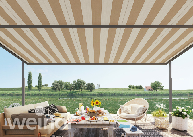 Plaza Viva – oprolbare pergola overkapping van ZSM Zonwering voor grote terrassen