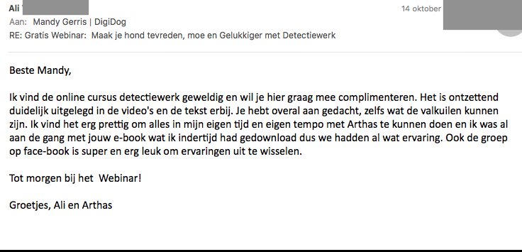 Testimonial positieve ervaring Detectiewerk cursus DigiDog Detectiewerk cursus ervaringen