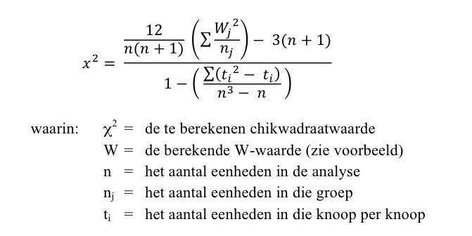 Formule 2 voor de Kruskal-Wallis toets Dit de de formule voor de Kruskal-Wallistoets als er knopen zijn
