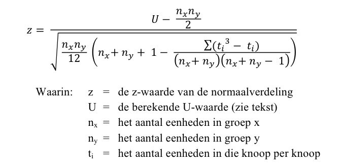 Formule voor de Mann-Whitney toets met knopen Formule voor de Mann-Whitney U-toets met knopen