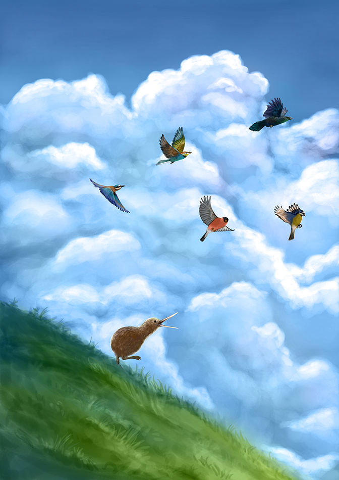 Kiwi bird dreaming of flying illustration