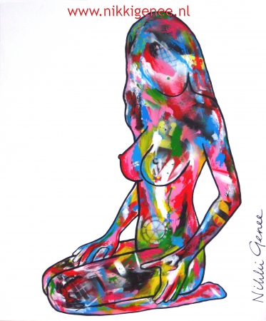 Schilderij van Nikki Genee van een naakte vrouw in abstracte kleuren