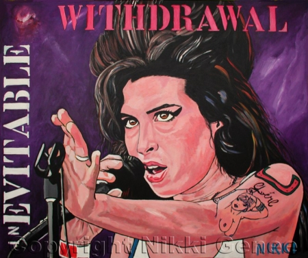 Schilderij van Nikki Genee van Amy Winehouse met songtekst Inevitable Withdrawal