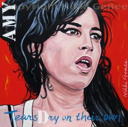 Schilderij van Nikki Genee van Amy Winehouse met songtekst Tears dry on their own