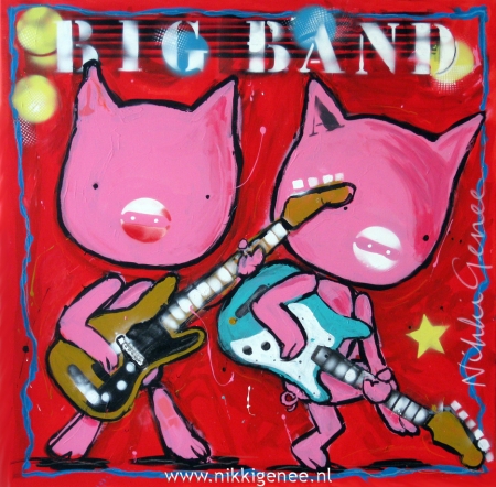Bigband I schilderij van Nikki Genee van biggen die muziek maken op gitaar en basgitaar