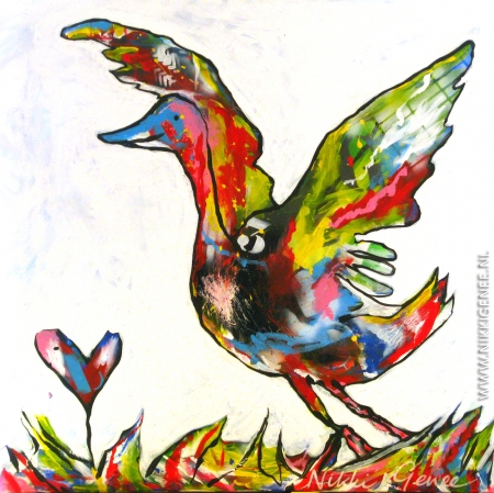 Schilderij van Nikki Genee van een gans abstract ingekleurd in vrolijke kleuren